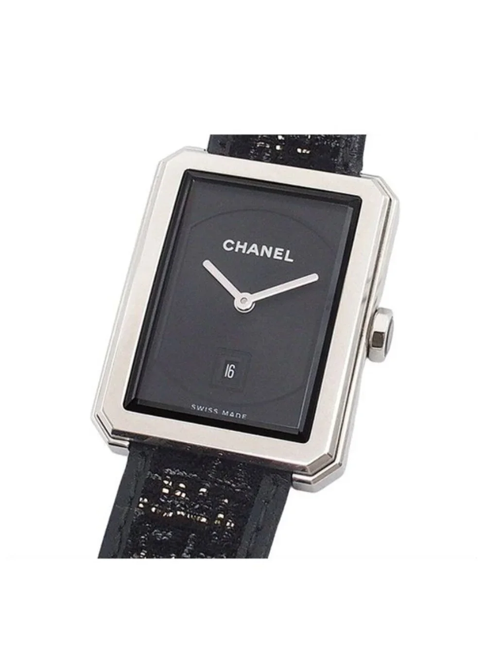 Chanel Boyfriend Black SS Tweed Leather Watch Quartz